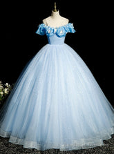 Blue Tulle Sequins Backless Butterfly Quinceanera Dress